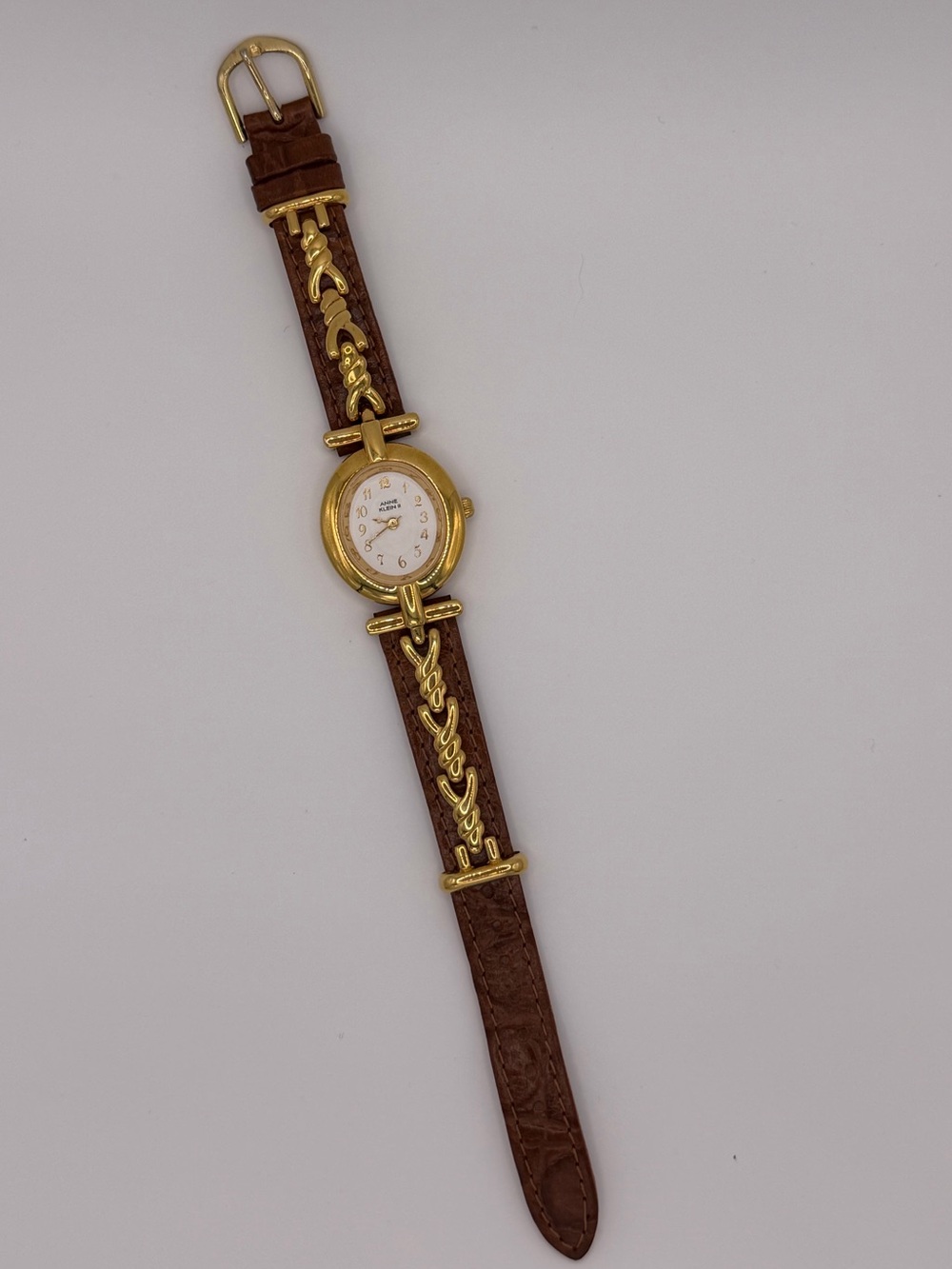 Anne Klein Vintage Gold Wrist Watch with Brown Genuine Leather Strap